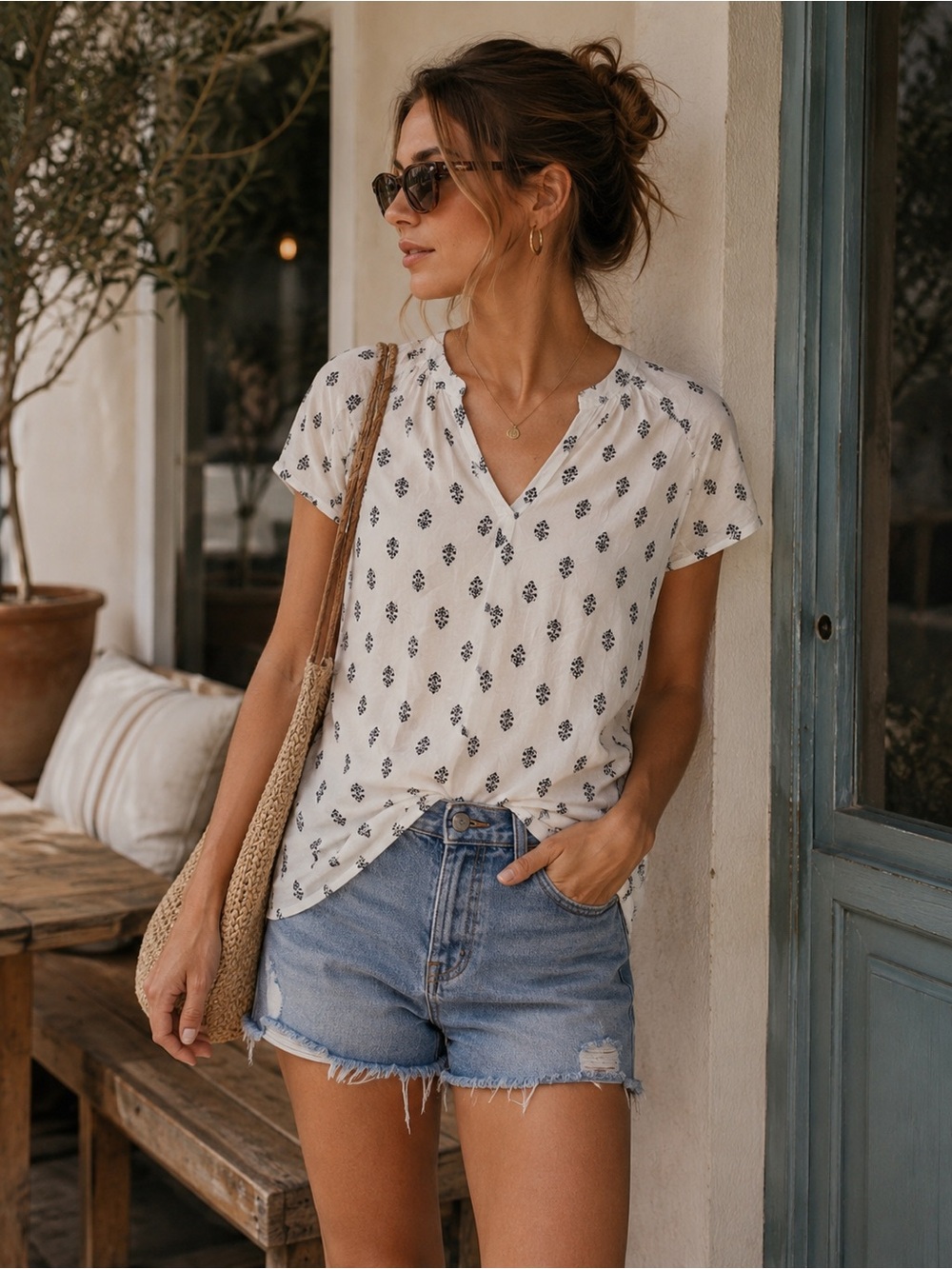 Old Navy White Boho Print Blouse – Short Sleeve V-Neck – Size M